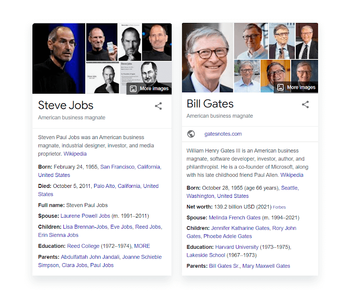 Tudásgráf a Google keresési eredményeiben Steve Jobs és Bill Gates számára
