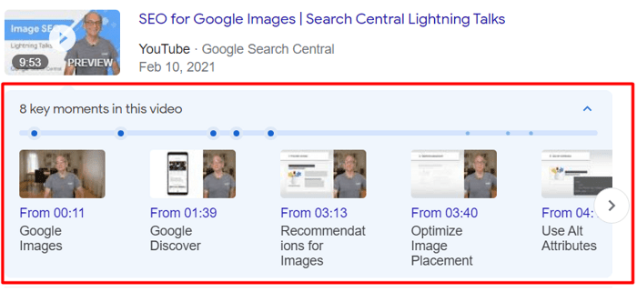 A Google videotalálatai alatt található Key Moments panel