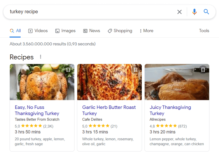 Receptek körhinta a Google keresési eredményei között