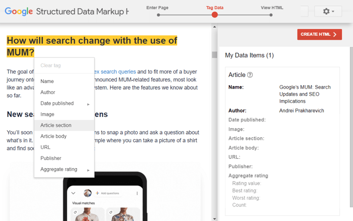 Google Structured Data Markup Helper felület